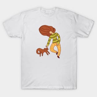 Cool girl with brown hair and brown cat walking, version 6 T-Shirt